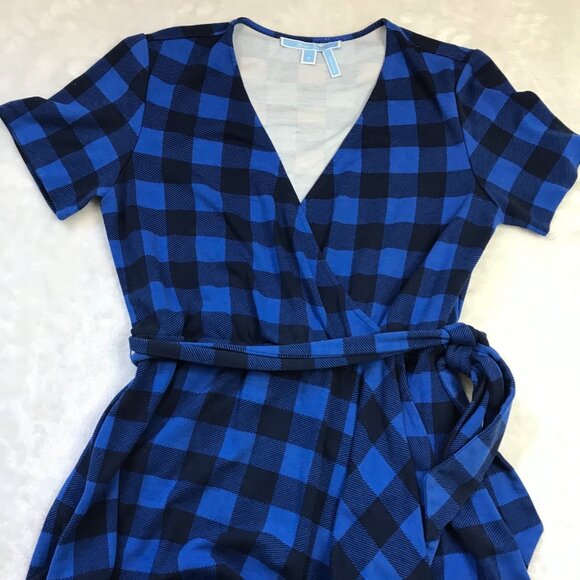 Draper James‎ Faux Wrap Dress Women's Size Small Buffalo Plaid Nassau Navy Rayon - Picture 10 of 11